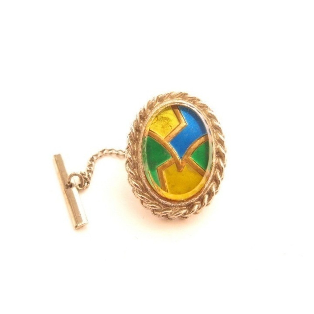 Vintage Yellow, Blue and Green enamel over silver toned metal tie tac pin